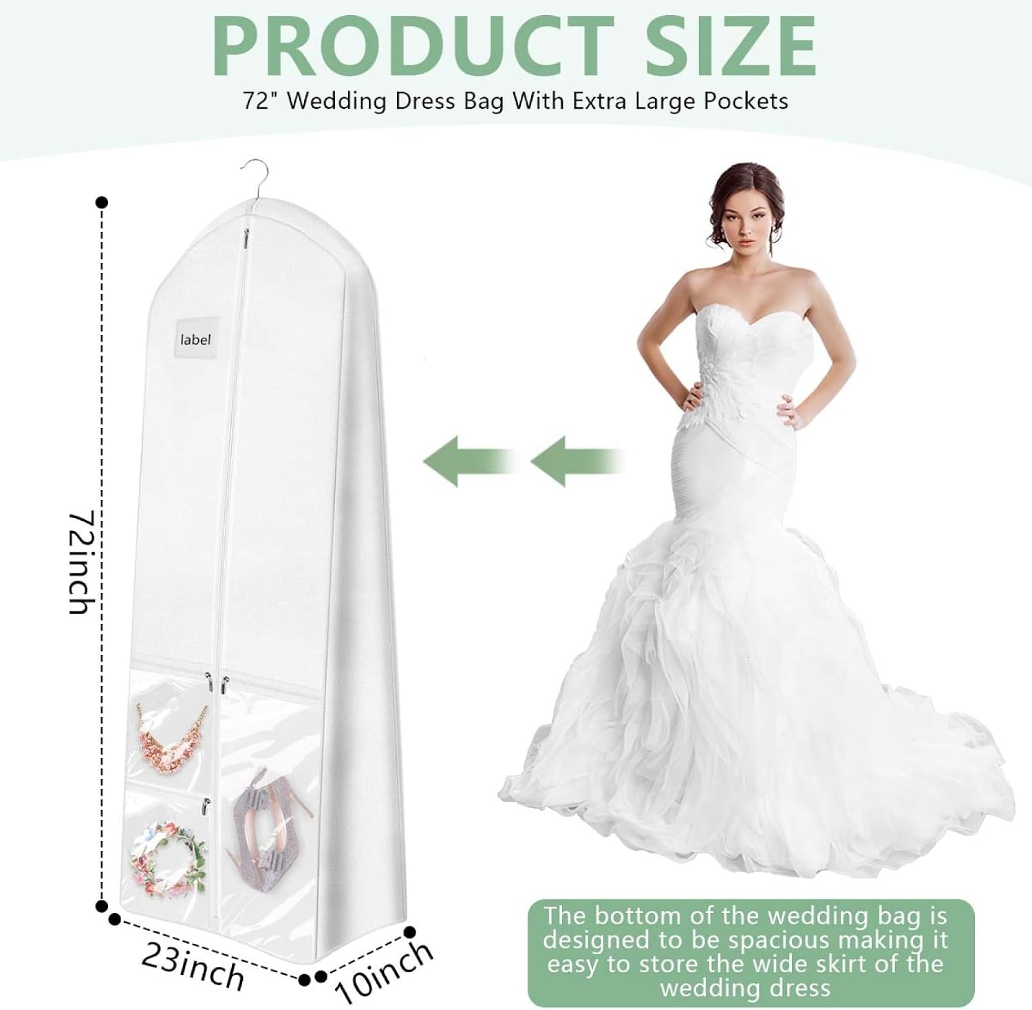 Bridal Wedding Garment Bag Cover Protector 72'' Long White Gown Dress Clothes Storage with 10'' Gusseted and Accessories Pouch for Women Travel Closet Prom