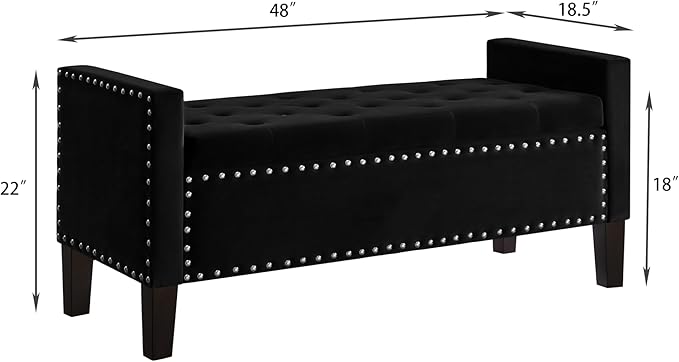 Upholstered Velvet Storage Ottoman Bench with Nail Trims,Soft Padded Seat with Armrest,for Living Room,Bedroom,Entryway,Easy to Assemble,Black