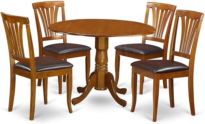 East West Furniture DLAV5-SBR-LC 5 Piece Dining Room Table Set Includes a Round Kitchen Table with Dropleaf and 4 Faux Leather Upholstered Dining Chairs, 42x42 Inch, Saddle Brown