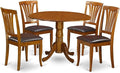 East West Furniture DLAV5-SBR-LC 5 Piece Dining Room Table Set Includes a Round Kitchen Table with Dropleaf and 4 Faux Leather Upholstered Dining Chairs, 42x42 Inch, Saddle Brown