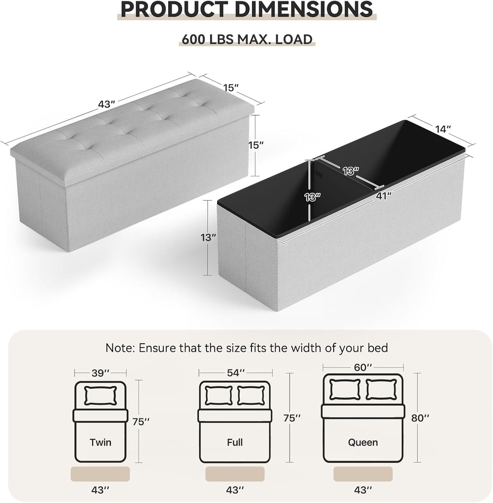 Storage Ottoman Bench, 43 Inch Ottoman Foot Rest, End of Bed Bench, Storage C...