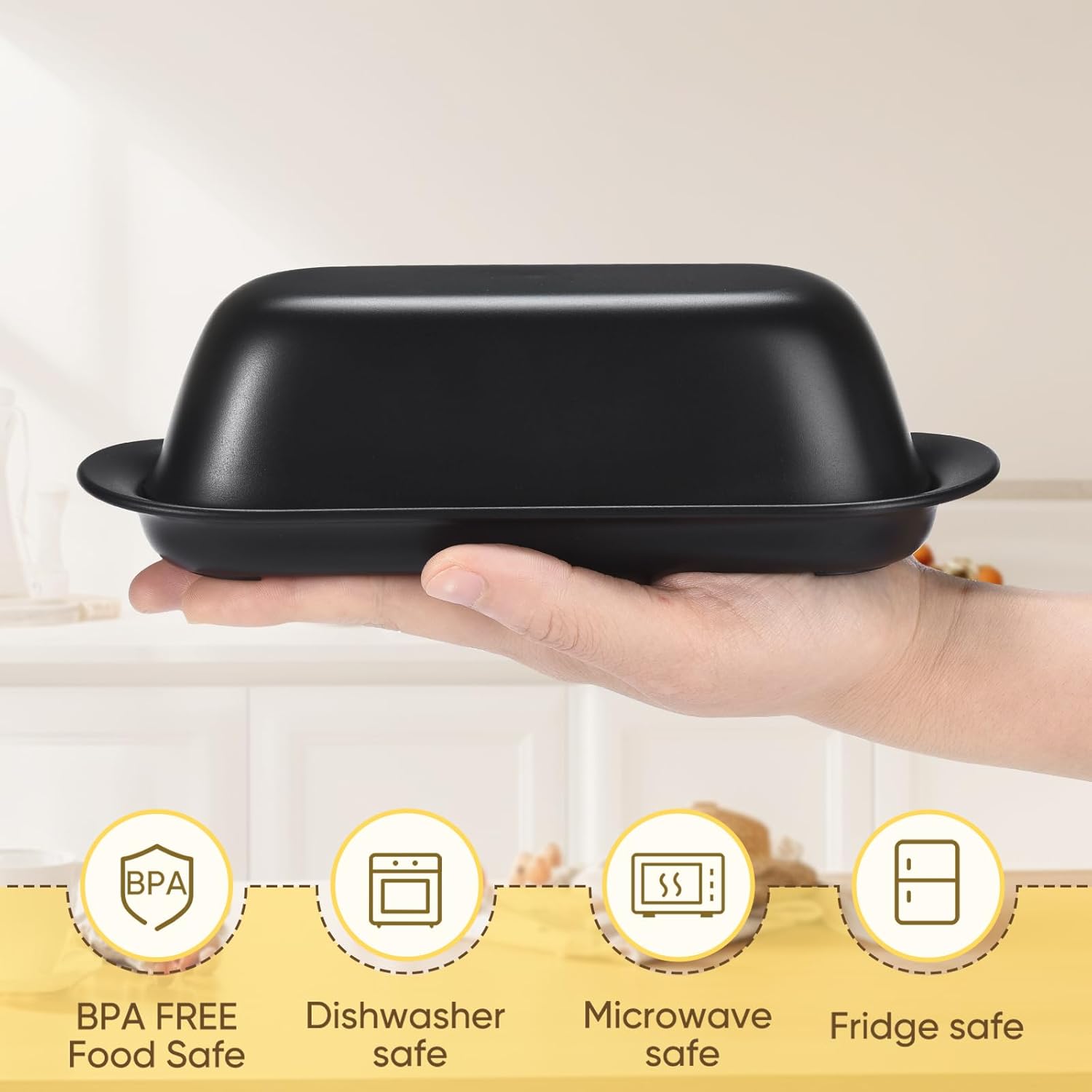Butter Dish with Lid, Butter Keeper, Easy Scoop,Butter Container Holds for East/West Coast Butter, Dishwasher Safe (Black)