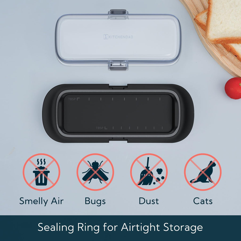 KITCHENDAO Airtight Butter Dish with Lid for Countertop and Refrigerator Door Shelf, Butter Holder with One Press to Open/Close Secure Latching Buckle, Butter Keeper for West/East Coast Butter (Black)