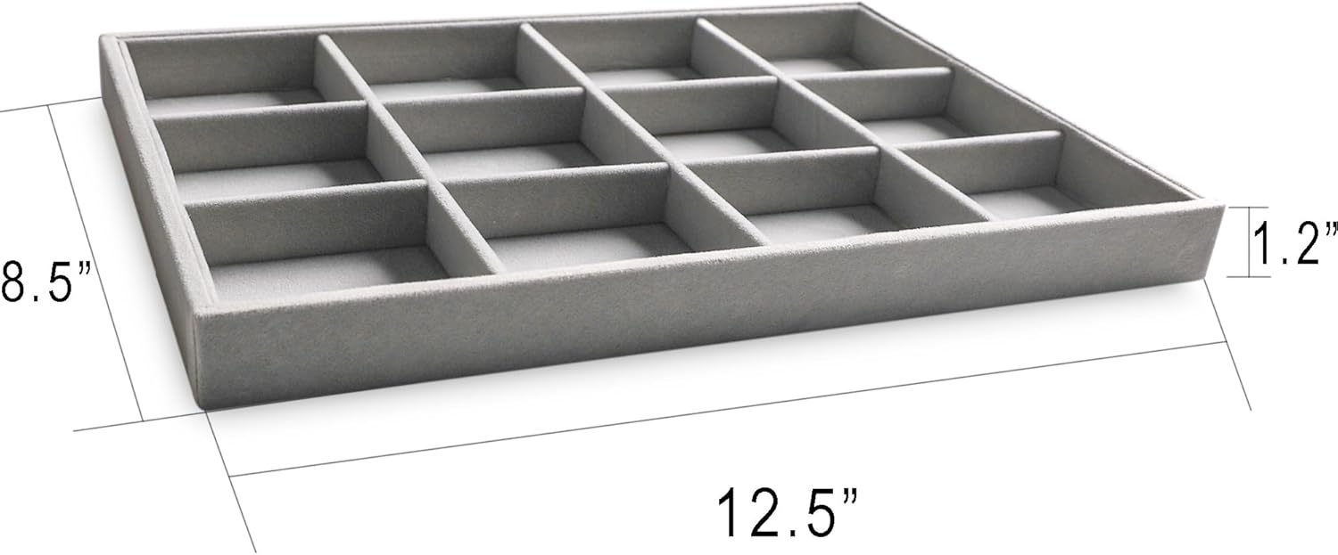 Frebeauty Stackable Velvet Jewelry Organizer Trays for Drawers Inserts Jewelry Storage Tray Display Case, Stud Earrings Bracelets Necklace Rings Trays for Women Girls(Set of 2)(Grey)