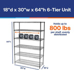 Shelving Inc. 18" d x 30" w x 64" h Chrome Wire Shelving with 6 Tier Shelves, Weight Capacity 800lbs Per Shelf