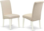East West Furniture DLBA3-WHI-01 3 Piece Modern Dining Table Set Contains a Round Wooden Table with Dropleaf and 2 Cream Linen Fabric Upholstered Parson Chairs, 42x42 Inch, Linen White