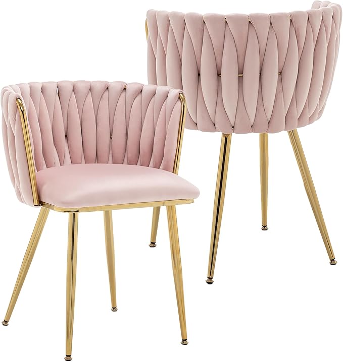 Kiztir Velvet Dining Chairs Set of 2, Upholstered Dining Room Chairs with Gold Metal Legs, Luxury Tufted Dining Chairs for Living Room, Bedroom, Kitchen (Pink)