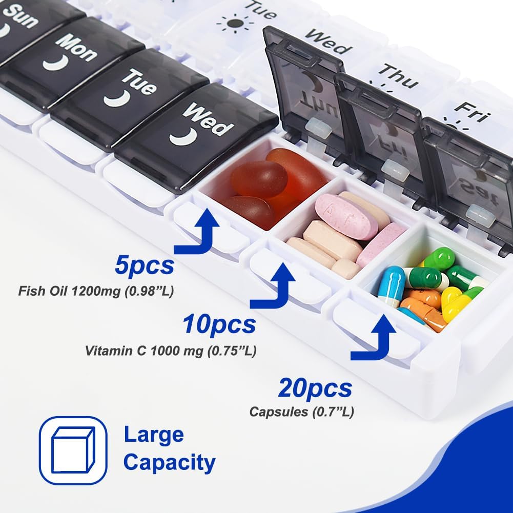 HRX Package Pill Organizer 2 Times a Day, Easy Fill & Open Weekly Medicine Box Vitamin Cases for 7 Day AM PM