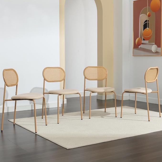 COSVALVE Boho Dining Chairs Set of 4 with Rattan Back, Upholstered Cane Seats, Metal Legs - Perfect for Dinner, Living Room, or Reception Area