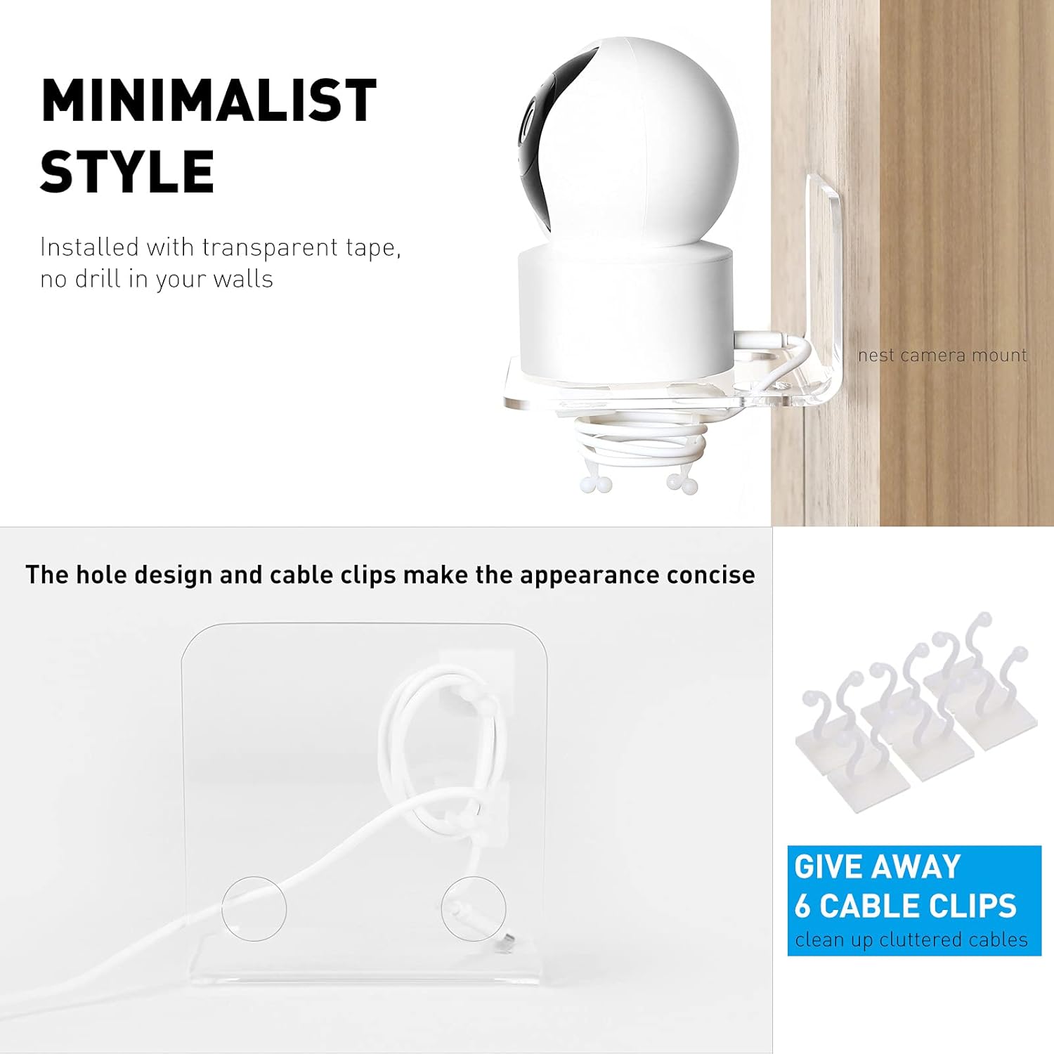 OAPRIRE Acrylic Floating Wall Shelves Set of 3 for Security Cameras, Baby Monitors, Speakers - Universal Small Wall Shelf with Cable Clips, 10-Piece Strong Tapes, No Drill (Clear)