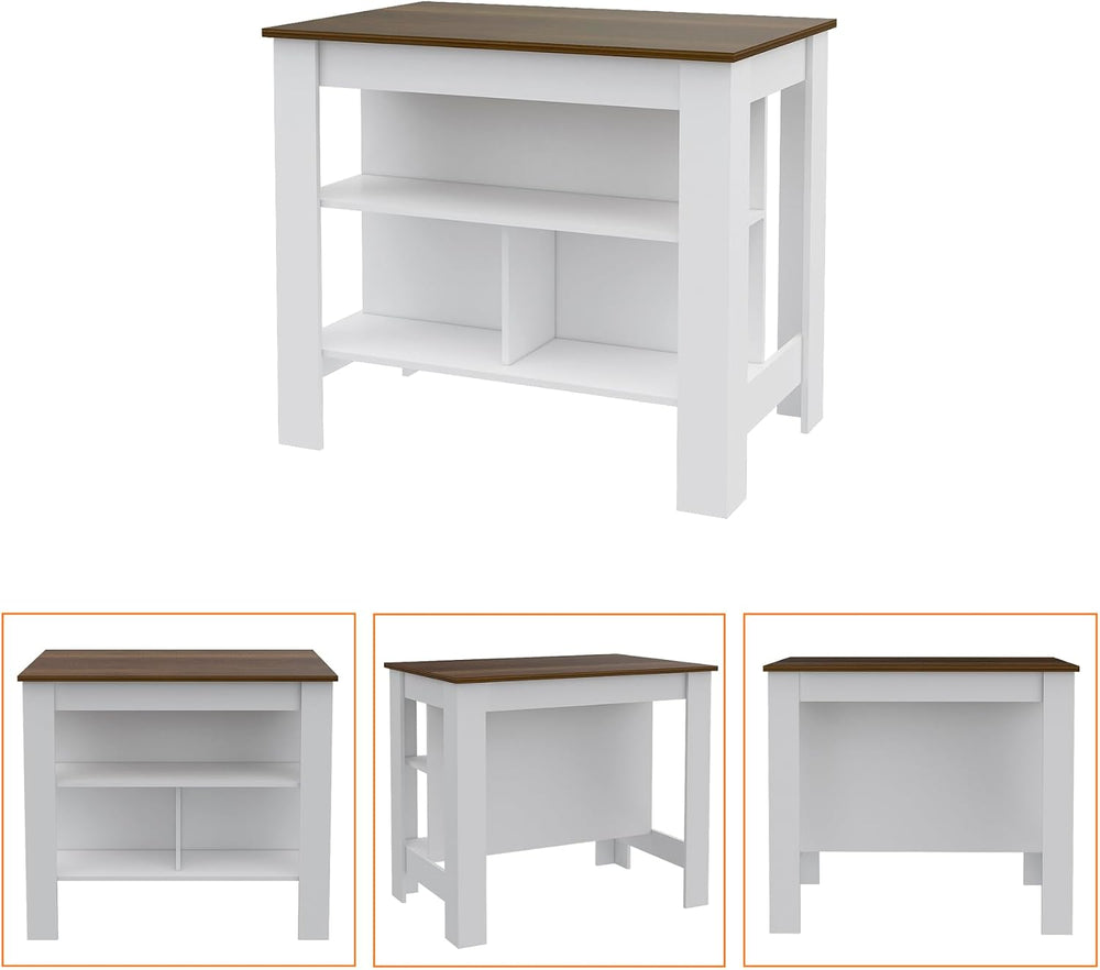 Kitchen Island with Four Legs and Three Shelves - White/Walnut | Three storag...