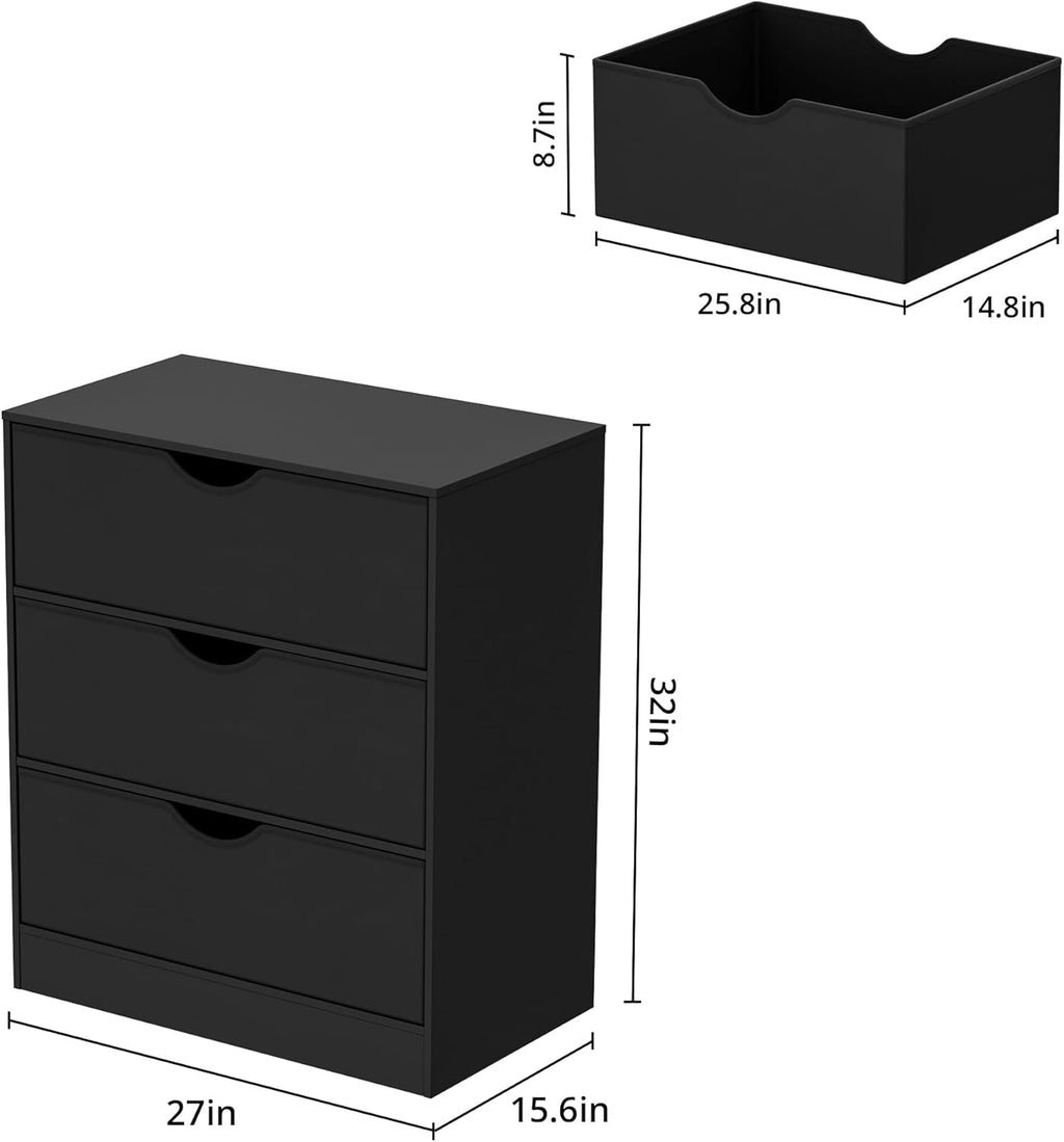 3 Drawers Dresser (Set of 2) for Bedroom, Fabric PU 6 Drawer with Wood Frame, Black Dresser with Large Organizer, Chest of Drawers for Closet, Living Room, Hallway, Black