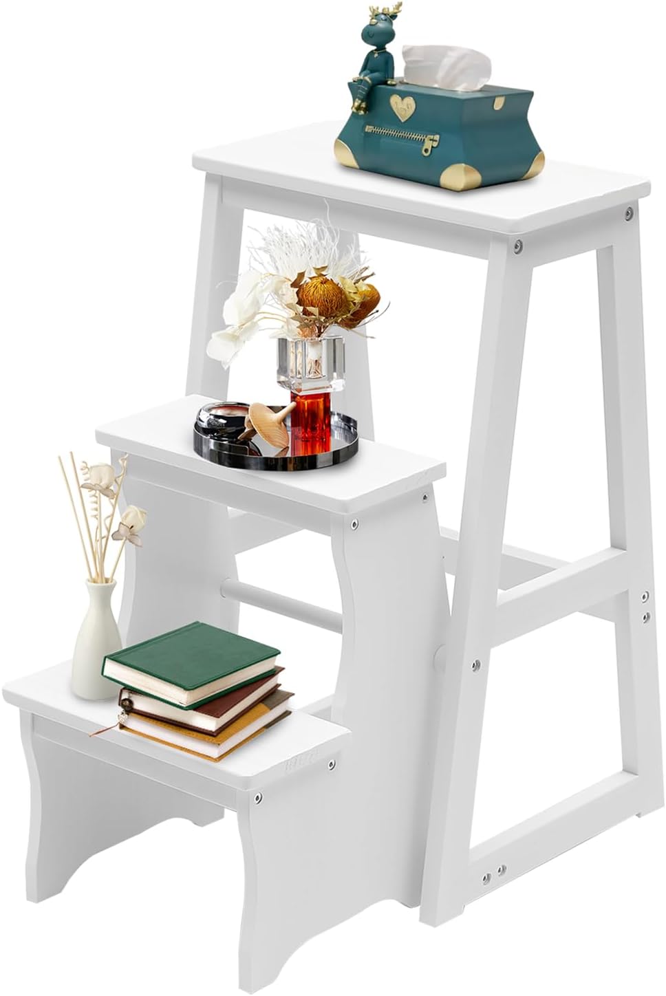 3 Tier Folding Step Stool,Wood Ladder,Folding Library Ladder Chair,Portable M...