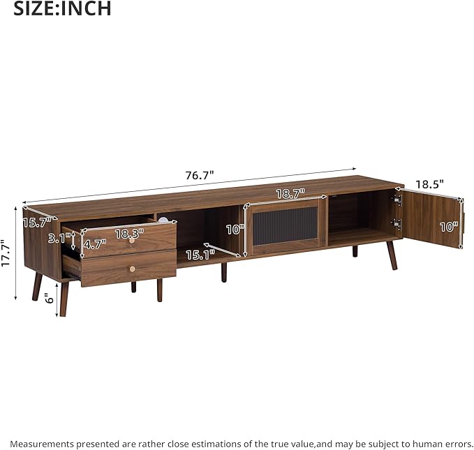 Marzzi Mid-Century Modern TV Stand for 85 inches TV, 76" Media Console with Fluted Cabinet Door, Sliding Glass Doors, and 2 Drawers, Entertainment Center with Storage, Solid Wood Legs