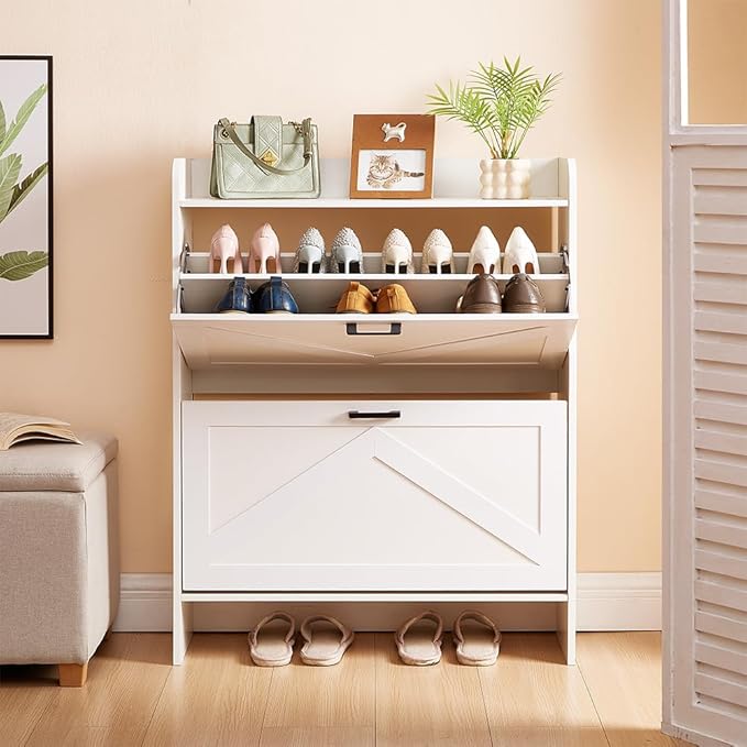 Shoe Storage Cabinet with 2 Flip Drawers, Freestanding Shoe Cabinet Organizer with Metal Flip Frame for Entryway, Hallway, Foyer, White