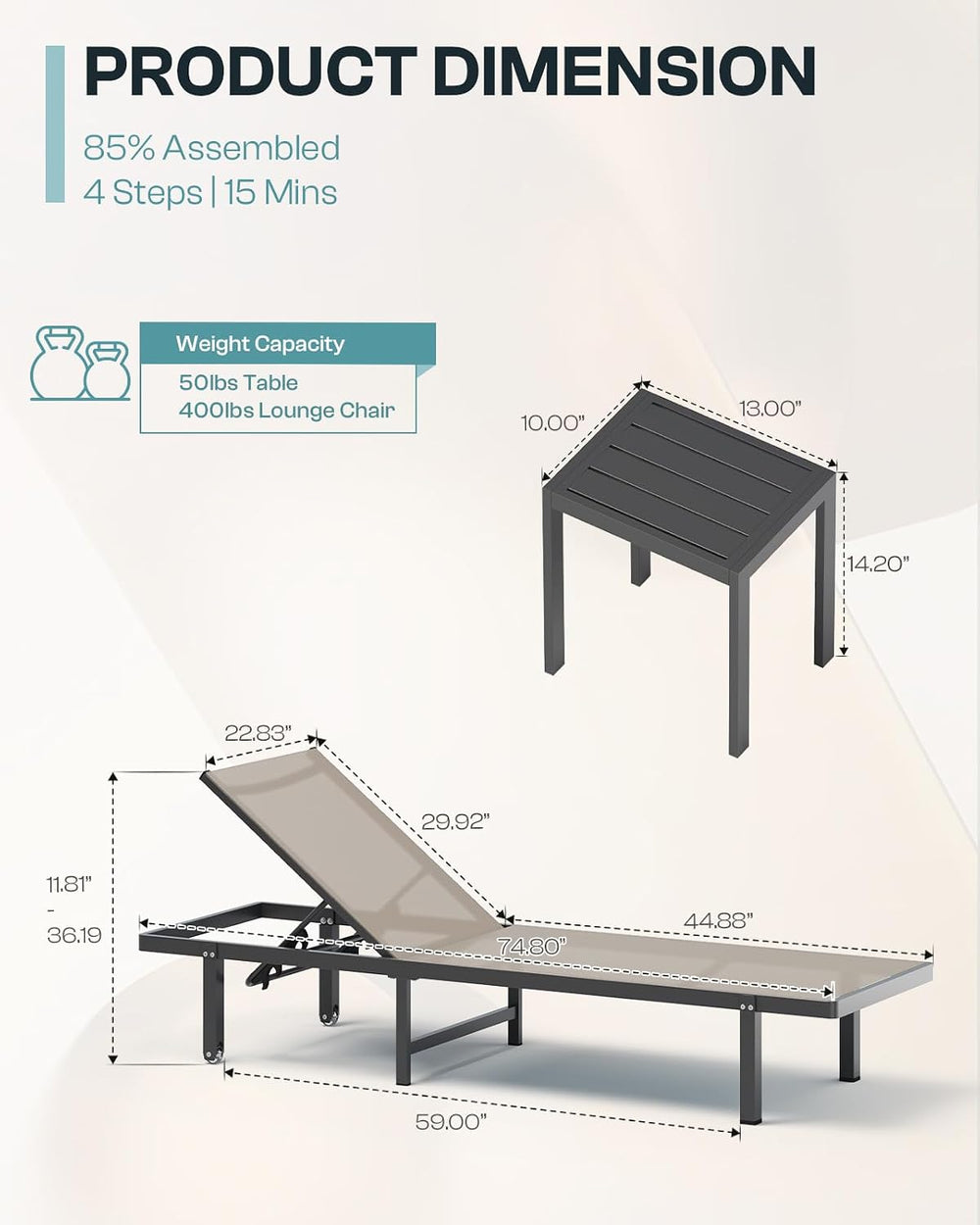 Lounge Chair Outdoor with Wheels, Aluminum Chaise Lounge Outdoor Chair with 5...
