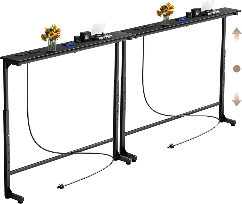 Keelian 90 inch Behind Couch Table with Outlets Adjustable Sofa Table Black