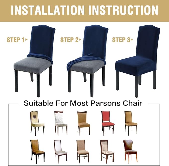 H.VERSAILTEX Velvet Dining Chair Covers Stretch Chair Covers for Dining Room Set of 6 Parson Chair Slipcovers Chair Protectors Covers Dining, Soft Thick Solid Velvet Fabric Washable, Navy