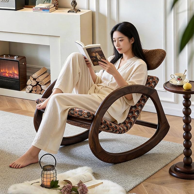 Brown Wood Rocking Chair with Upholstered Seat and Curved Arms