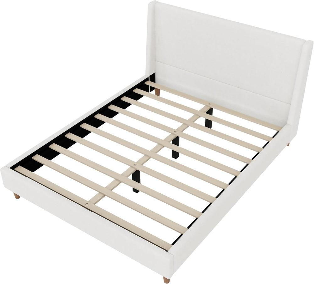 Modern Boucle Upholstered Platform Bed, with Wingback Headboard and Walnut Wo...