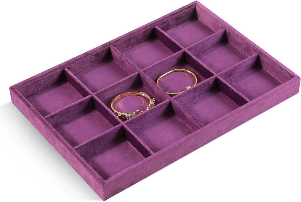 Velvet Stackable Jewelry Display Tray, 12 Grid Watch Bangle Bracelet Storage Tray, Makeup Drawer Insert Jewelry Shop Organizer Plate (Purple)