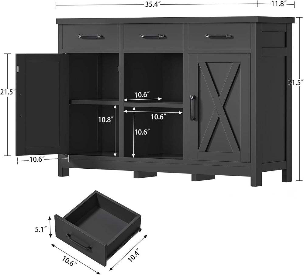 TEENFON Coffee Bar Cabinet with 3 Drawers, Farmhouse Buffet Cabinet