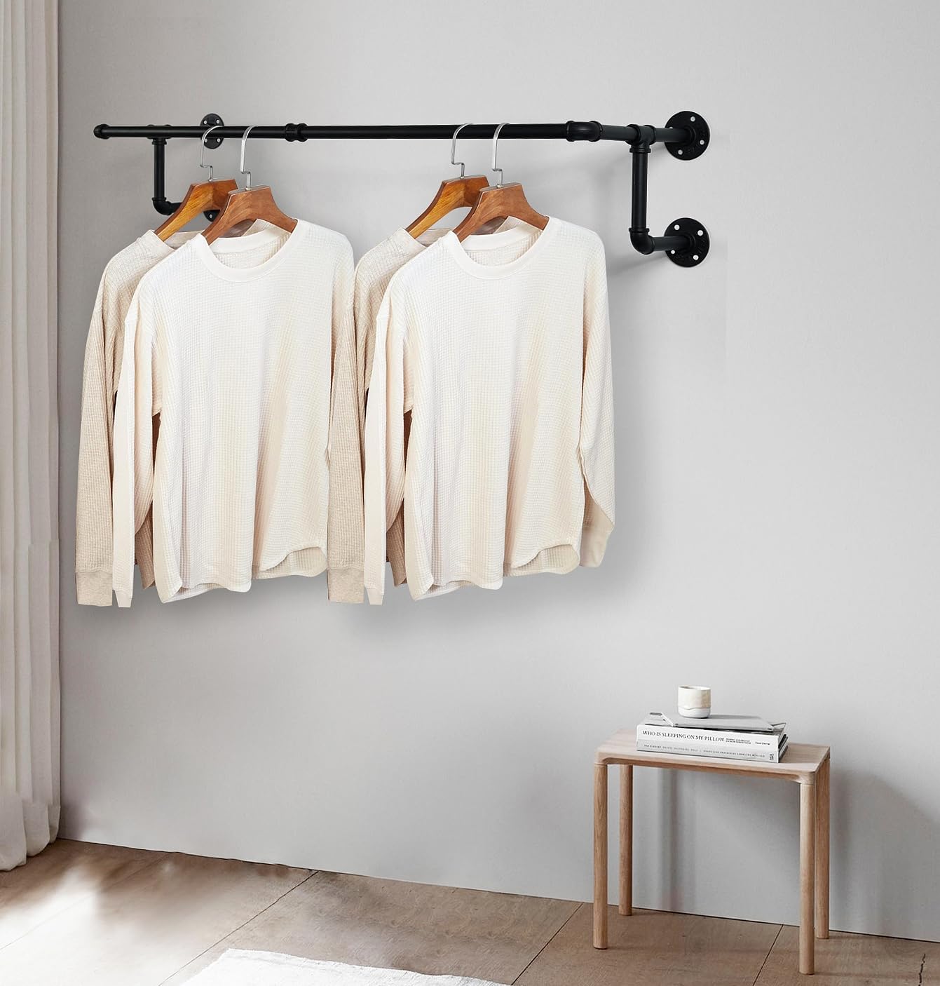 Clothes Rack, Industrial Wall Pipe Clothing Rack for Hanging Clothes, Wall Mounted Heavy Duty Space Saving Garment Rack, Multi-Purpose Clothing Hanging Rods for Closet Storage, Black, 2Pcs