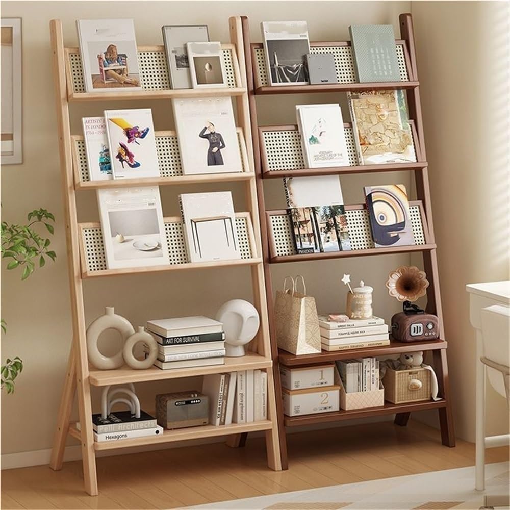 5-Tier Wooden Ladder Shelf with Rattan-Like Design, Large Capacity Open Bookshelf, Floor Magazine Display Stand for Living Room, Office, Library(Color:Natural)