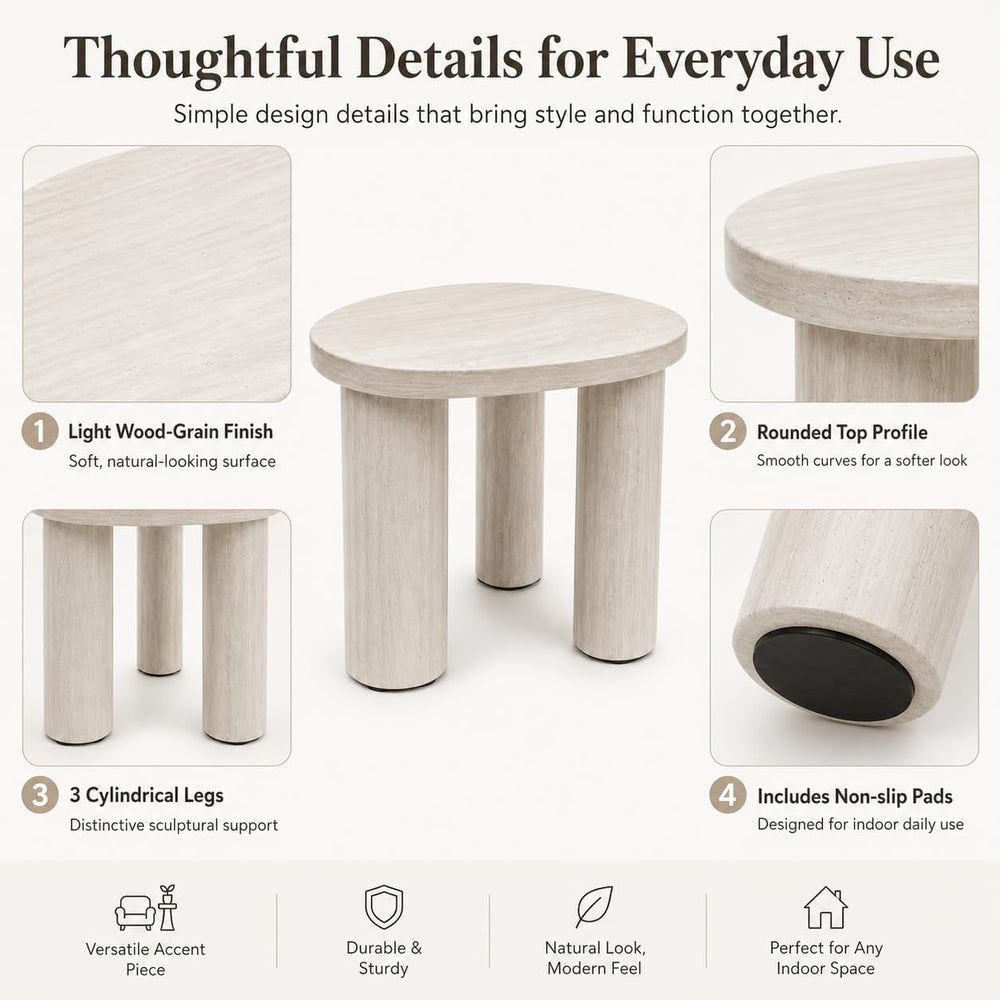 Small Round Side Table, Light Wood Grain End Table with 3 Cylindrical Legs, M...