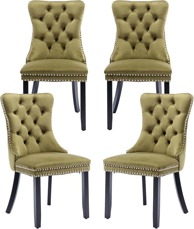 Velvet Dining Chairs Set of 4, Tufted Upholstered Dining Room Chairs with Back Ring Pull, Nailhead Trim and Solid Wood Legs, Modern Dining Chairs for Dining Room, Kitchen,Olive Green