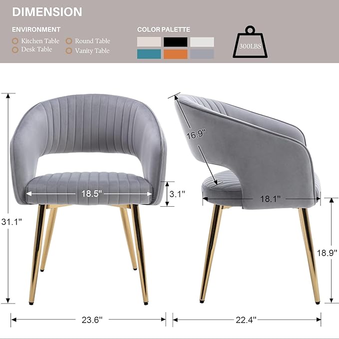 Grey Velvet Dining Chairs Gold Legs, Modern Dining Room Chairs with Arms Set of 2 Upholstered Accent Chair Armchair with Barrel Back for Kitchen Living Room