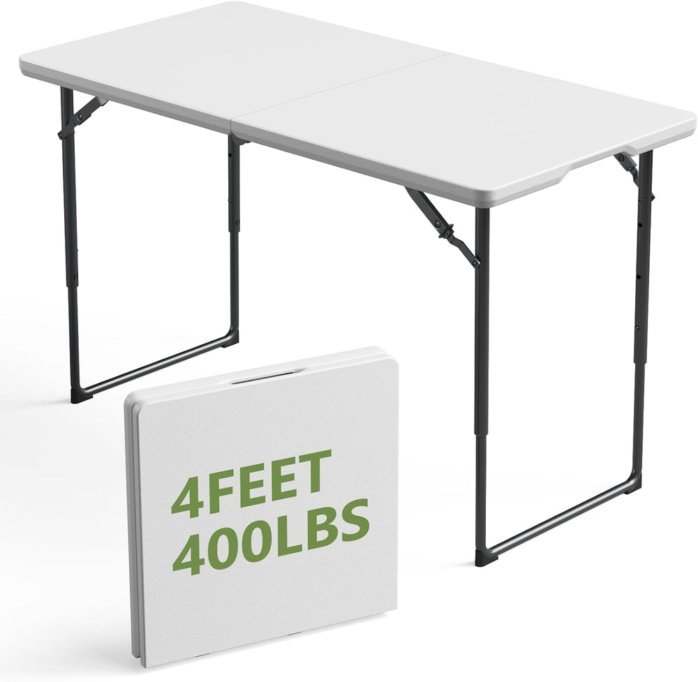 4FT Folding Table 3 Levels Adjustable Height, Heavy Duty Fold-in-Half Portabl...