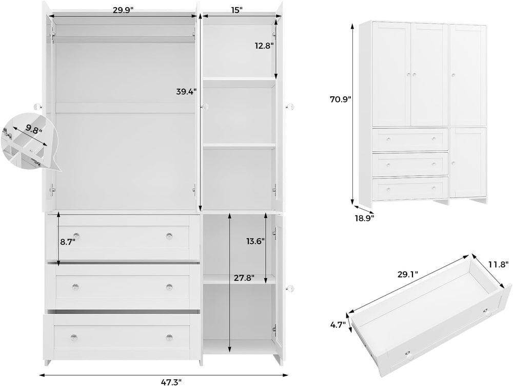 VOWNER 71" Armoire Wardrobe Closet with 3 Drawers and Mirror | Clothing ...