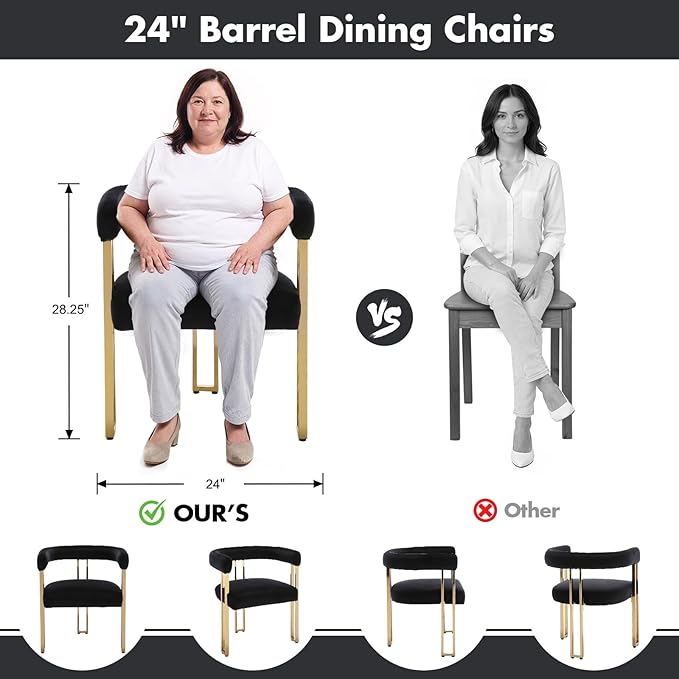 Black and Gold Modern Dining Chairs Set of 2, Velvet Upholstered Barrel Armchairs with Metal Legs for Kitchen Island, Mid Century Accent Chairs for Dining Room Living Room, Open-Back