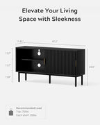 Black Fluted Tv Stand with Sliding Doors, 47" Mid Century Entertainment Center with Adjustable Shelf, Wooden Media TV Console with Storage Cabinet