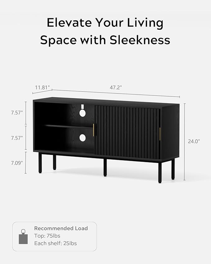 Black Fluted Tv Stand with Sliding Doors, 47" Mid Century Entertainment Center with Adjustable Shelf, Wooden Media TV Console with Storage Cabinet