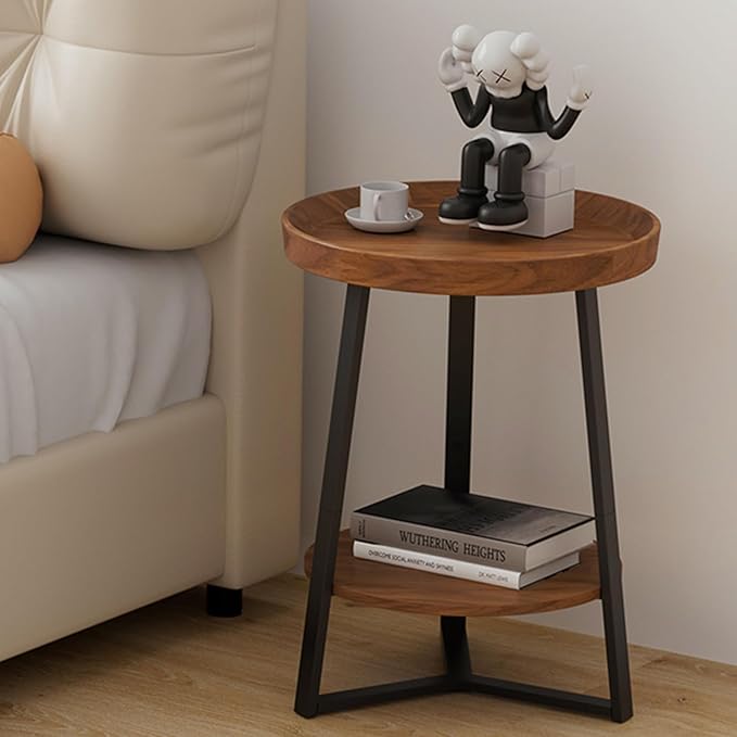 Gadroad Round End Table with Storage Shelf, 2 Tier Farmhouse Side Table Night...