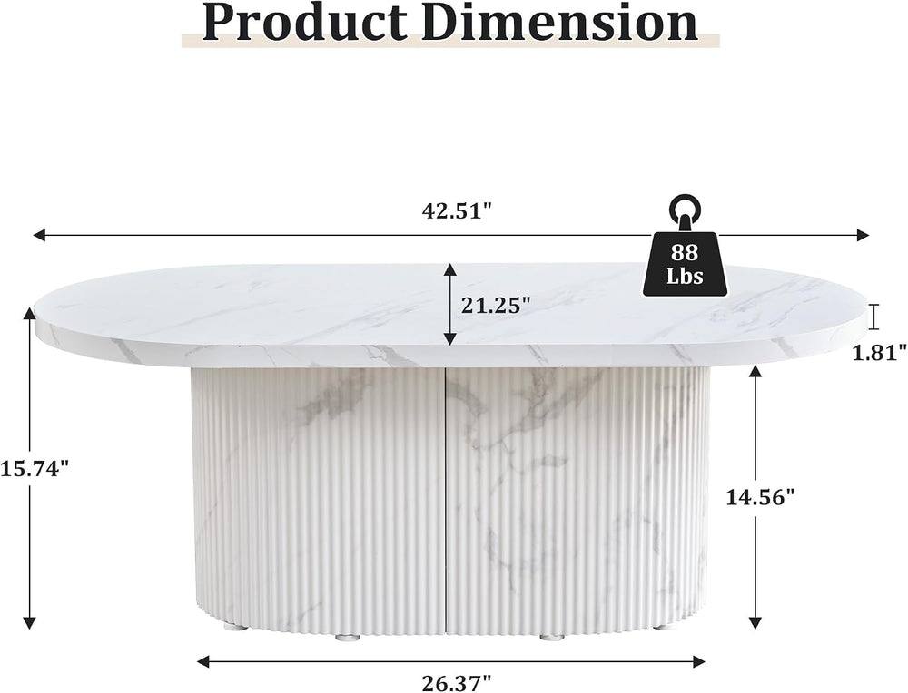 Modern 42.5" Oval Faux Marble Coffee Table, White Fluted Textured Base L...