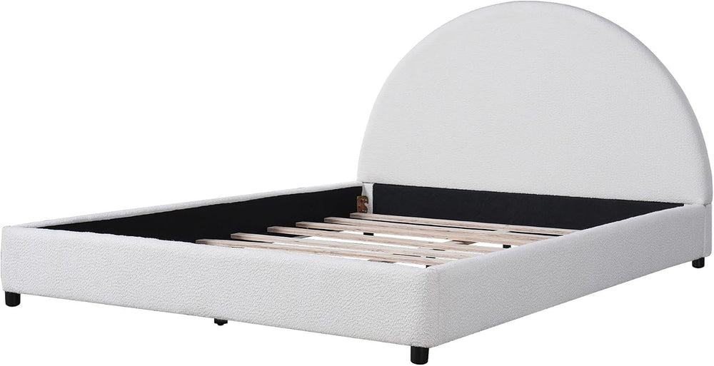 Peanu Queen Bed Frame, Boucle Upholstered Curved Headboard, White