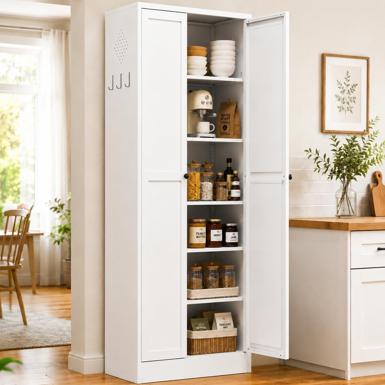 Metal Storage Cabinet, 72" Tall Kitchen Pantry Cabinet with 2 Doors and 5 Adjustable Shelves, White Steel Storage Cupboard for Dining, Office, Living Room, Bathroom