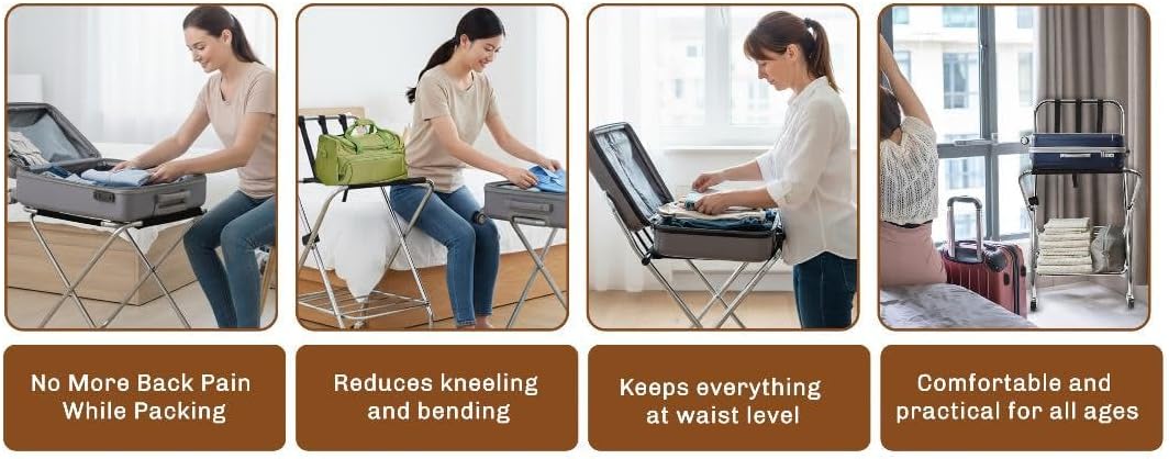 Foldable Luggage Rack with Wheels for Guest Room - Metal Frame Folding Suitcase Stand With 2 Shelves - Portable Luggage Storage Rack - Easy Assembly Suitcase Holder for Hotel, Travel and Bedroom