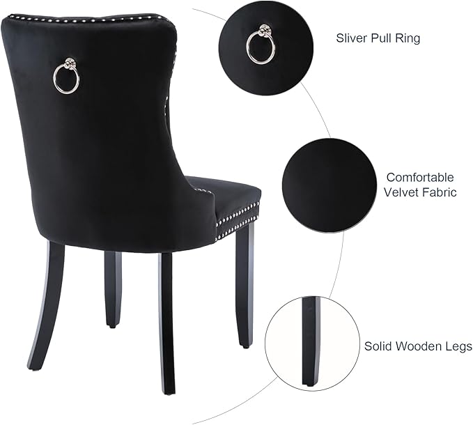 Velvet Dining Chairs Set of 2, Tufted Upholstered Dining Room Chairs with Back Ring Pull, Nailhead Trim and Solid Wood Legs, Modern Dining Chairs for Dining Room, Kitchen(Black)