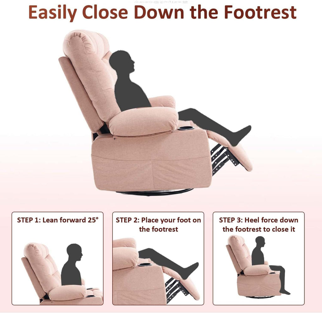 KCQ Overstuffed Swivel Rocker Recliner Chair with Massage and Heat, Fabric Heated Reclining Chairs Manual Recliner with Cup Holder, Pink Nursery Rocking Recliner Glider Chair