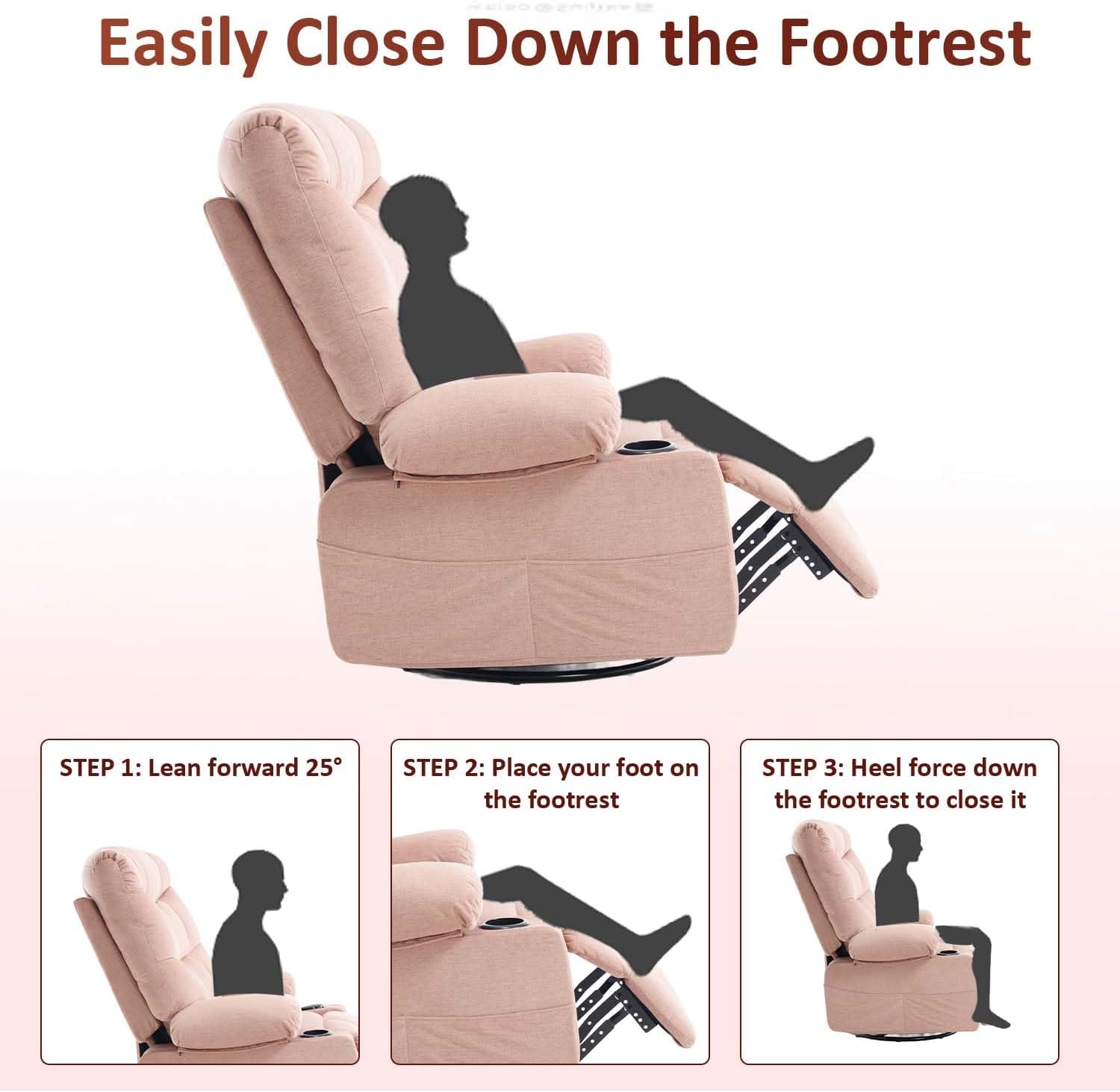KCQ Overstuffed Swivel Rocker Recliner Chair with Massage and Heat, Fabric Heated Reclining Chairs Manual Recliner with Cup Holder, Pink Nursery Rocking Recliner Glider Chair