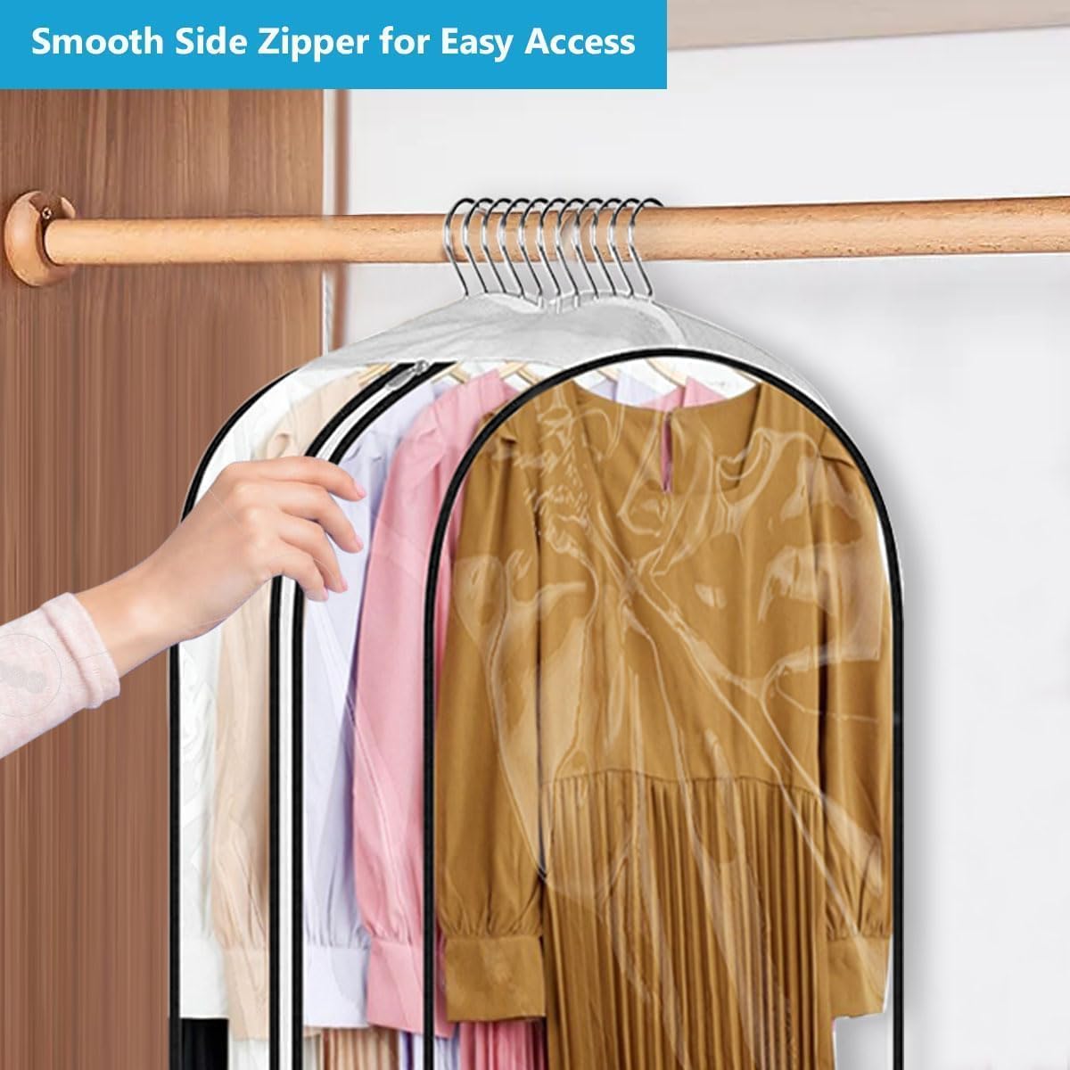50" Clear Clothes Hangers with Smooth Side Zipper, 10" Gusseted Waterproof Garment Bags for Shirts, Coats, Dresses, Suits, 4 Pack