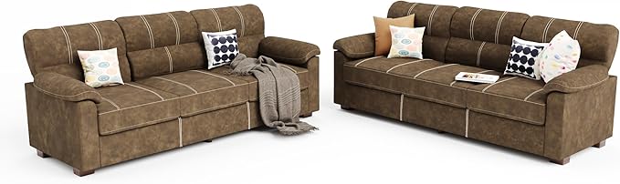 80 Inch Brown Faux Leather Sofa Couch (2 Sets) - Wide Armrests with 2 Pillows, Deep Seats, Contrast Stitching, 3 Seater Leather Couches for Living Room, Bedroom, Apartment