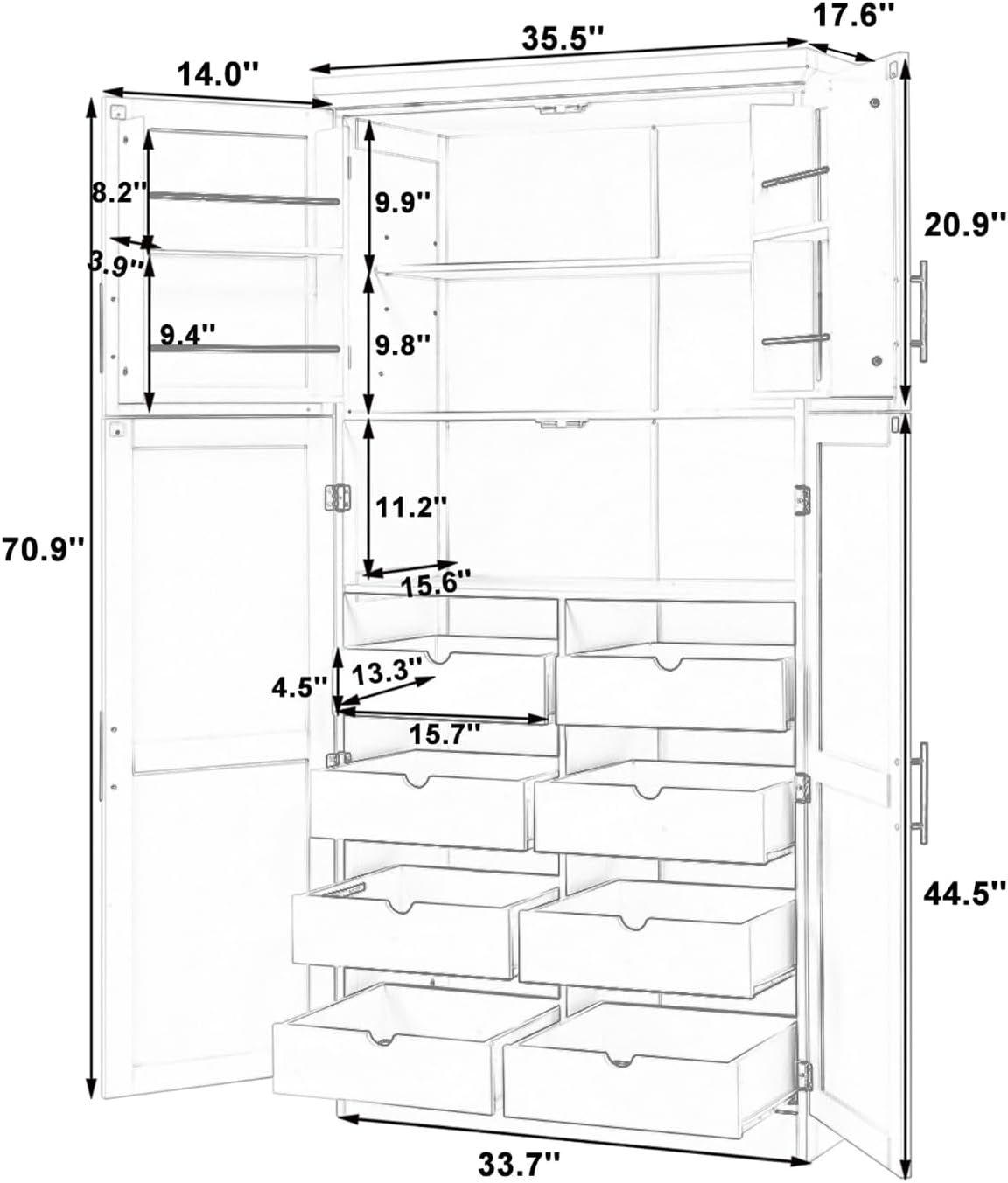 Freestanding Kitchen Pantry Cabinet, Tall Larder Cupboard Storage Cabinet with 4 Doors, 2 Door Shelves, 8 Pull-Out Trays and Adjustable Shelf for Dining Room