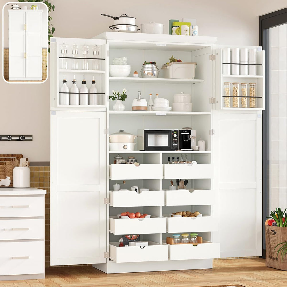 Freestanding Kitchen Pantry Cabinet with 8 Pullout Trays, Tall Storage Organi...