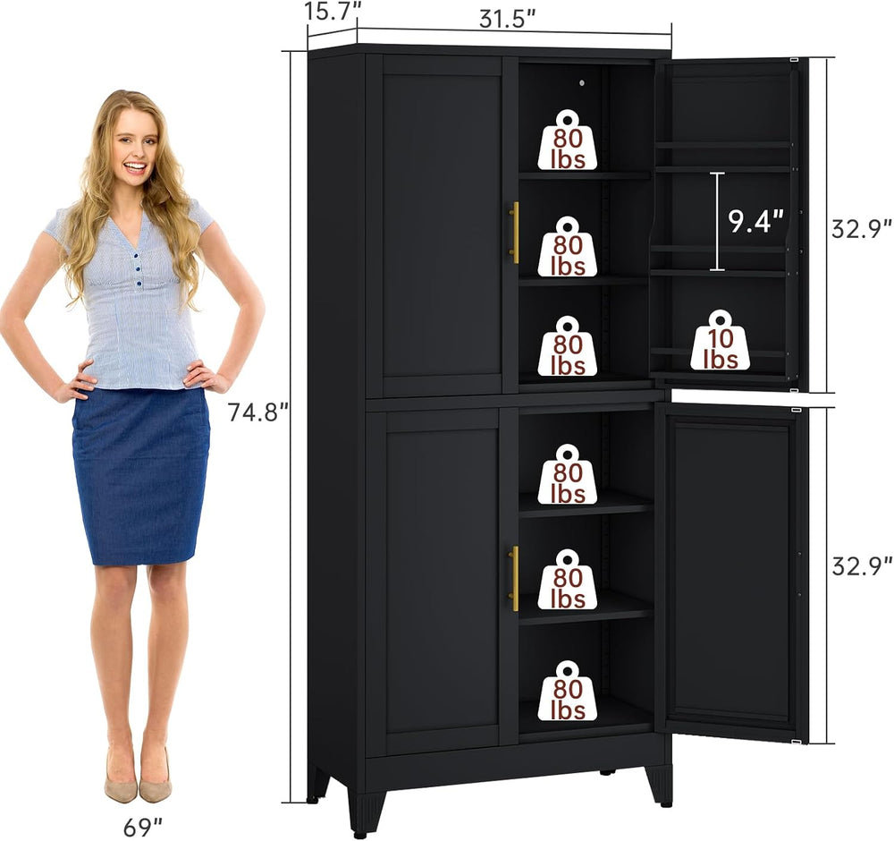 PAOFIN 75" H Metal Storage Cabinet, Pantry with 6 Door Shelves and 4 Adj...