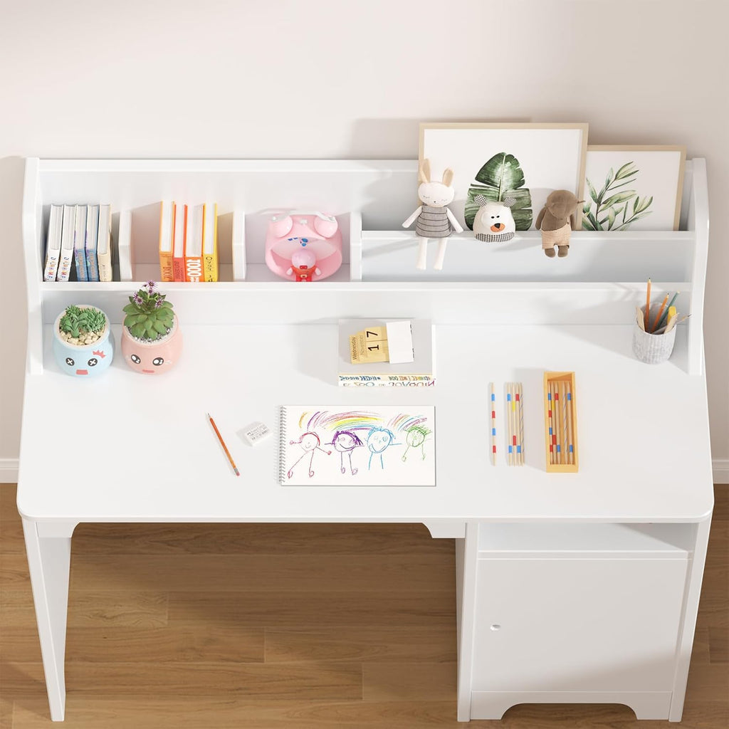 White Kids Desk with Chair, Study Desk for Boys Girls with Hutch, Storage Cabinet, Wooden Children Study Table, Student Writing Desk Computer Workstation for Kids Bedroom & Study Room,White